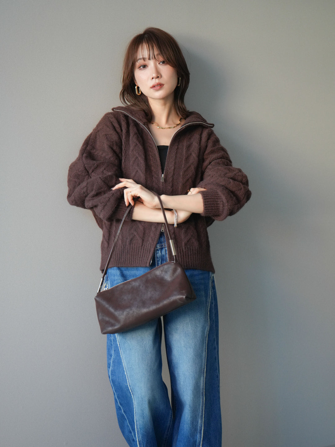 [SET]ケーブル編みハイネックZIPニットカーディガン+選べるアクセセット(2set)