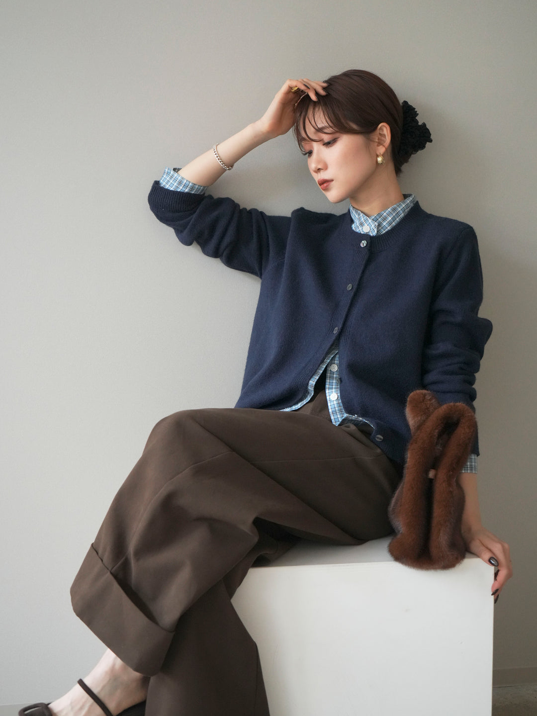 [予約]チェックシャツレイヤードデザインニットカーディガン/navy