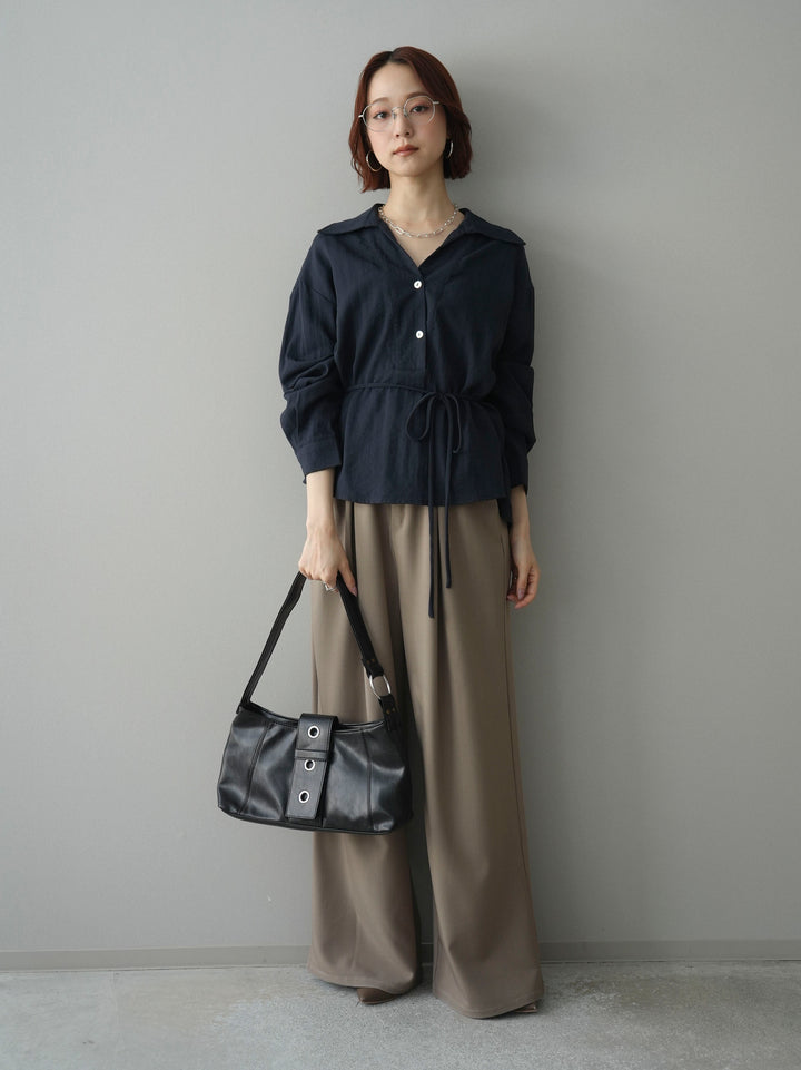 [SET]Vネック変形ラインシャツ+ベルト付キーホルダーモチーフワイドパンツ(2set)
