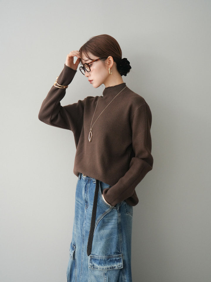 [予約]ボトルネック裾カールリブニットトップス/brown