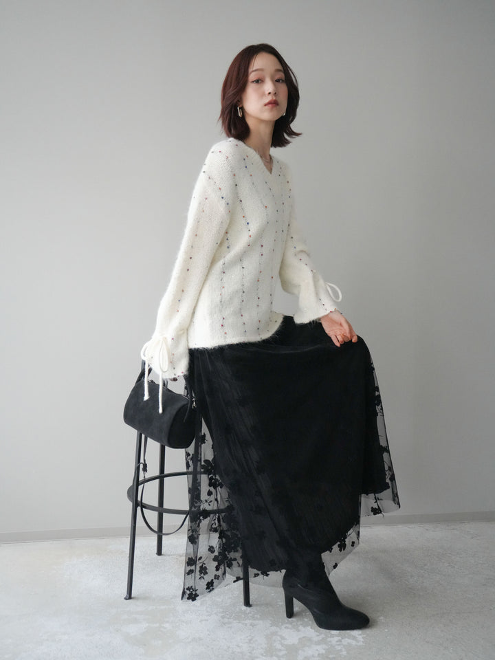 [SET]キャンディースリーブカラーネップスパンコールニットプルオーバー+フラワーフロッキーチュールプリーツスカート(2set)