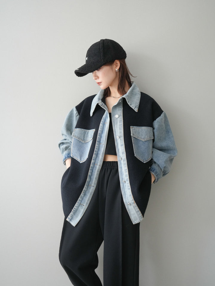 [SET]デニム襟ダブルフェイスニットカーディガン+2WAYデザインスウェットパンツ(2set)