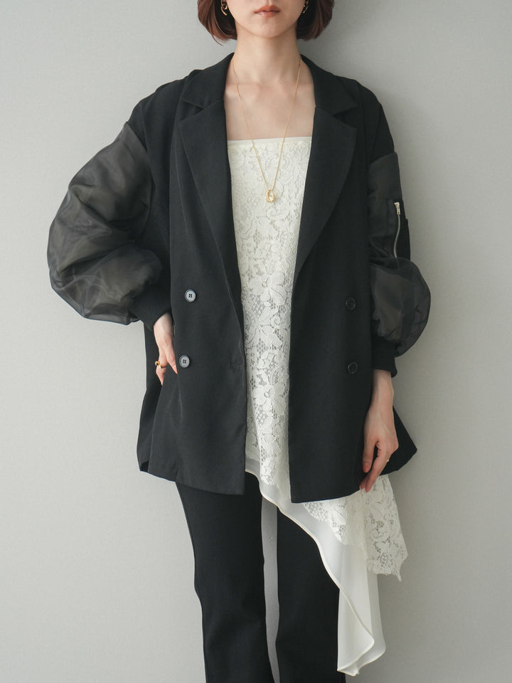 [SET]MA-1ドッキングデザインジャケット+シフォンレイヤードアシンメトリーレースキャミソール+ハイウエストフレアデニムパンツ(3set)