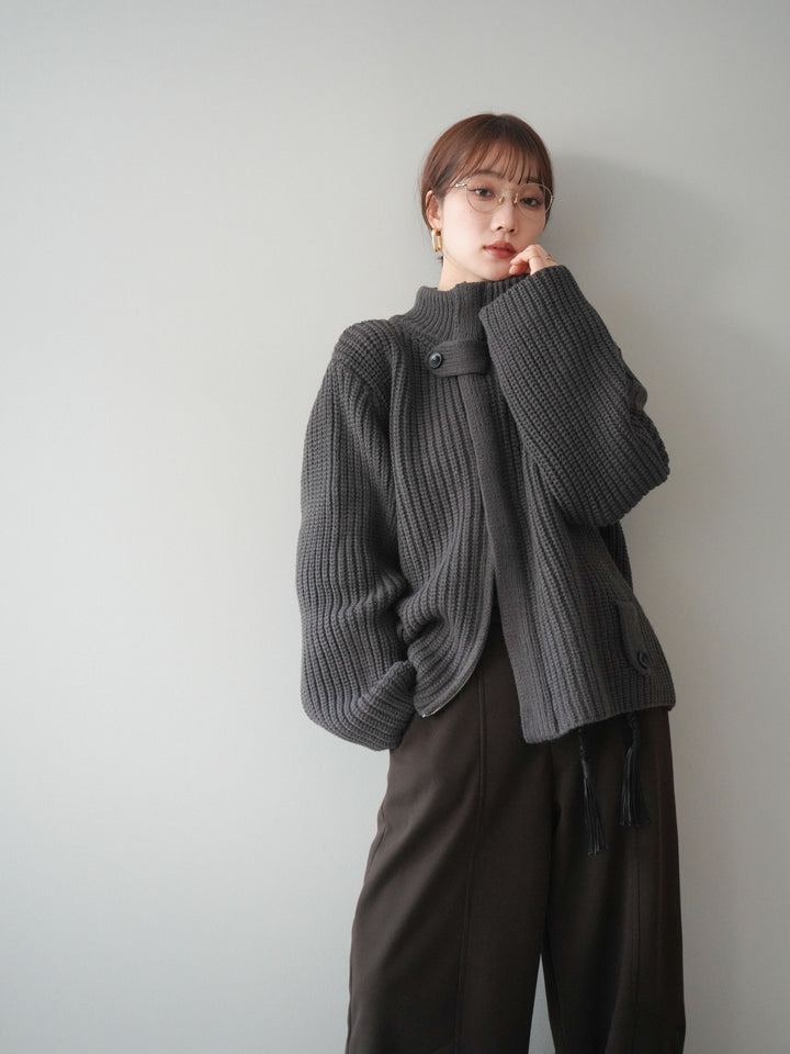 [SET]畦編みボトルネックZIPニットカーディガン+選べるアクセセット(2set)