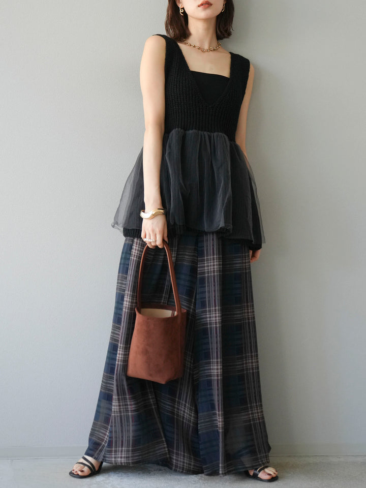 [予約]チュールレイヤードペプラムニットベスト/ブラック