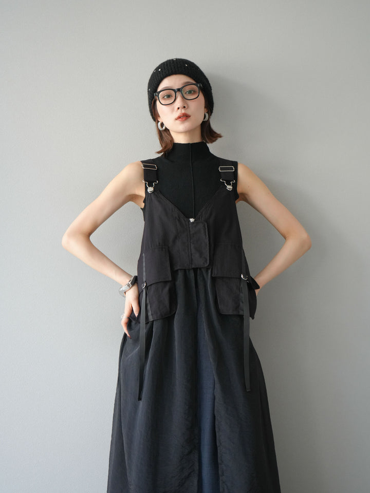 [SET] 戰術背心歐根紗洋裝 + 麻質寬鬆寬褲 (2 件套)