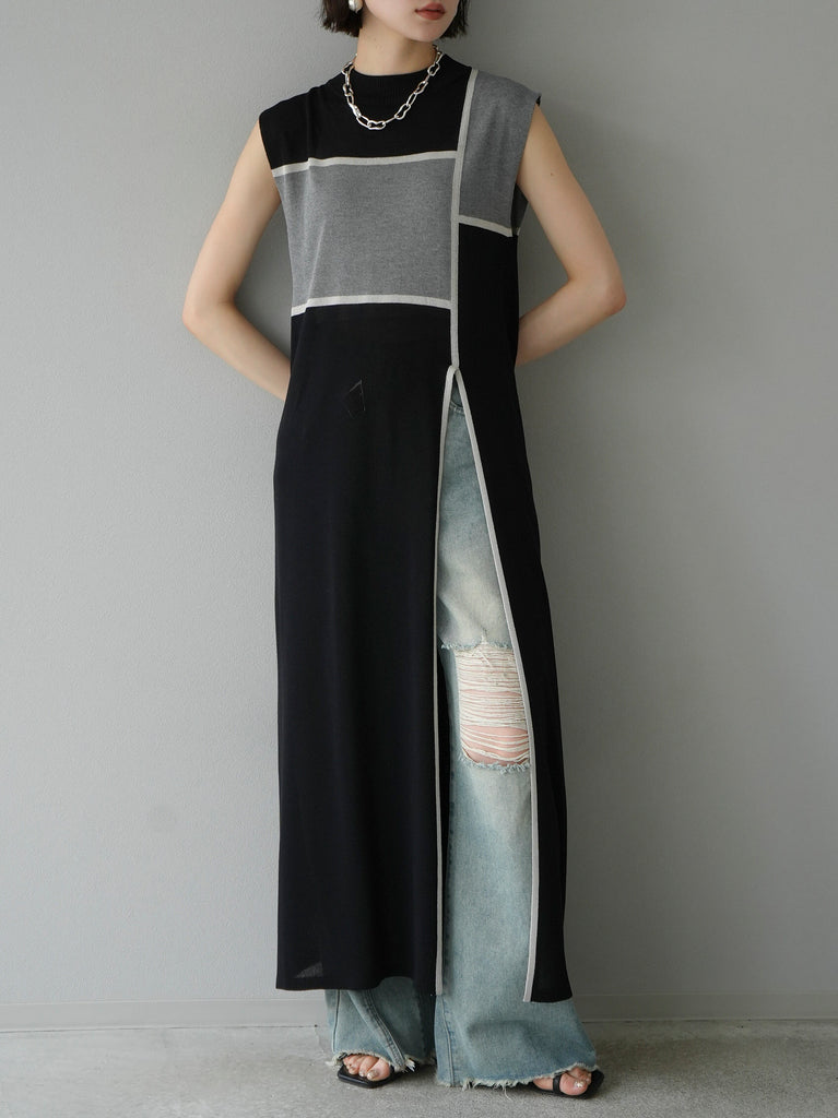 予約]バイカラースリットサマーニットワンピース/ブラック – Lumier
