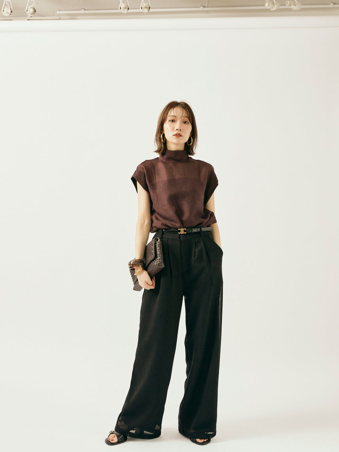 【Allure】[SET]シャイニーシアーブラウス+メッシュタックワイドパンツ(2set)