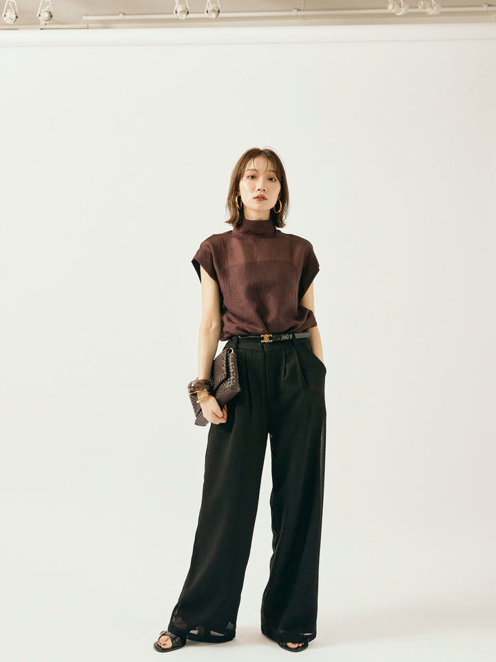 【Allure】[SET]シャイニーシアーブラウス+メッシュタックワイドパンツ(2set)