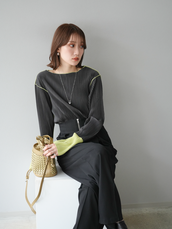 [予約]バイカラープリーツトップス/チャコール