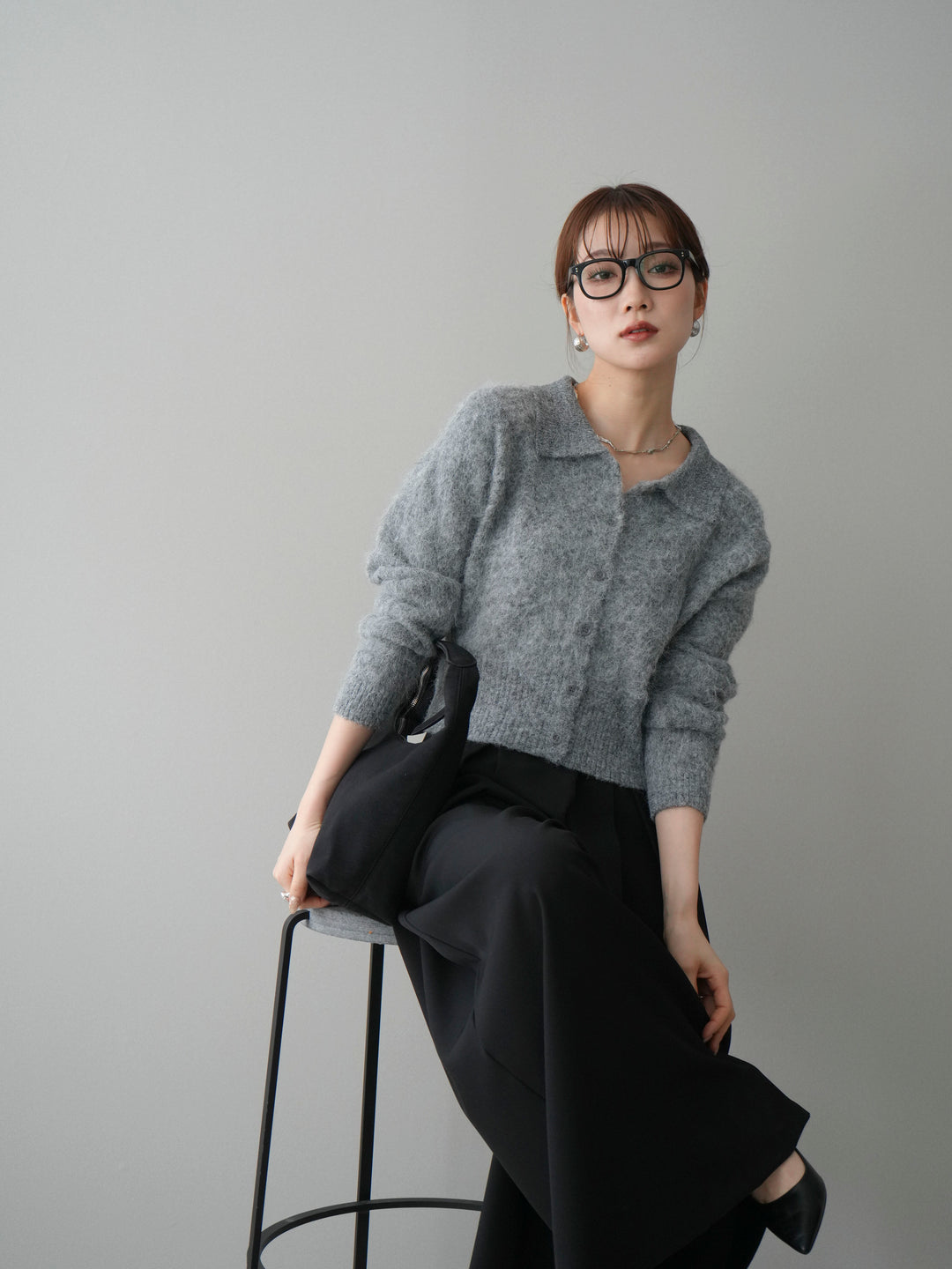 [SET]モヘア衿付きボタンプルオーバー+テープベルトタックバギーパンツ(2set)