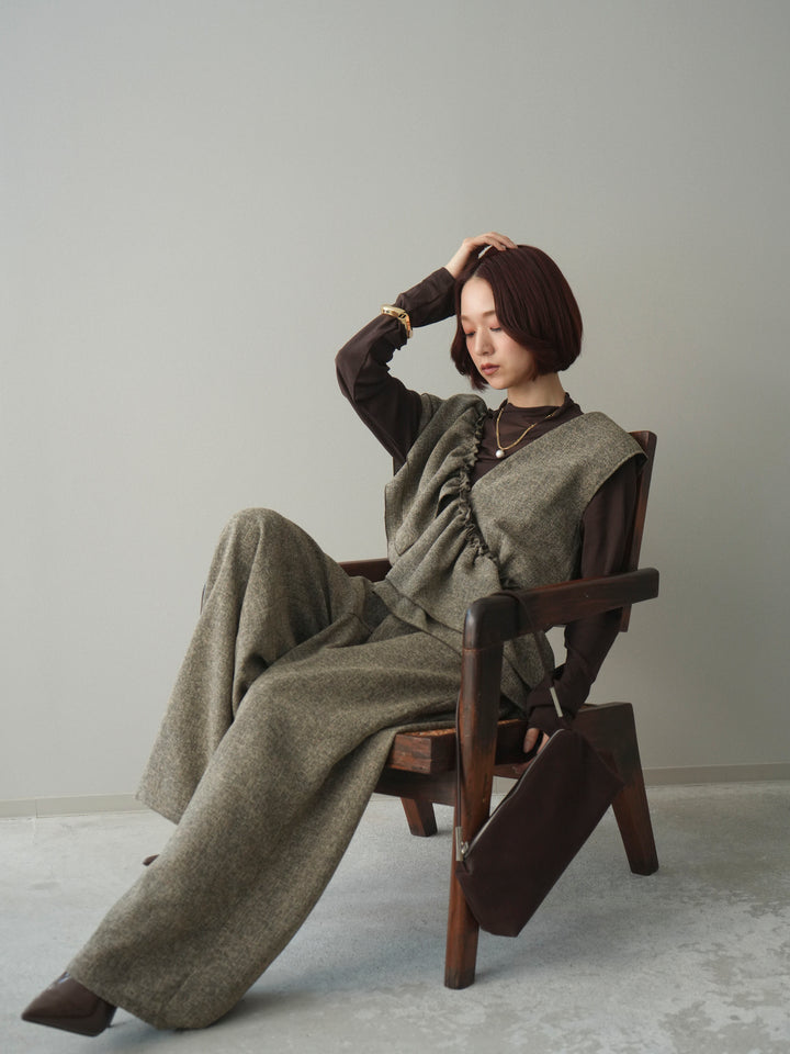 [SET]3WAYミックスツイードギャザーオールインワン+シアープチネックストレッチトップス(2set)