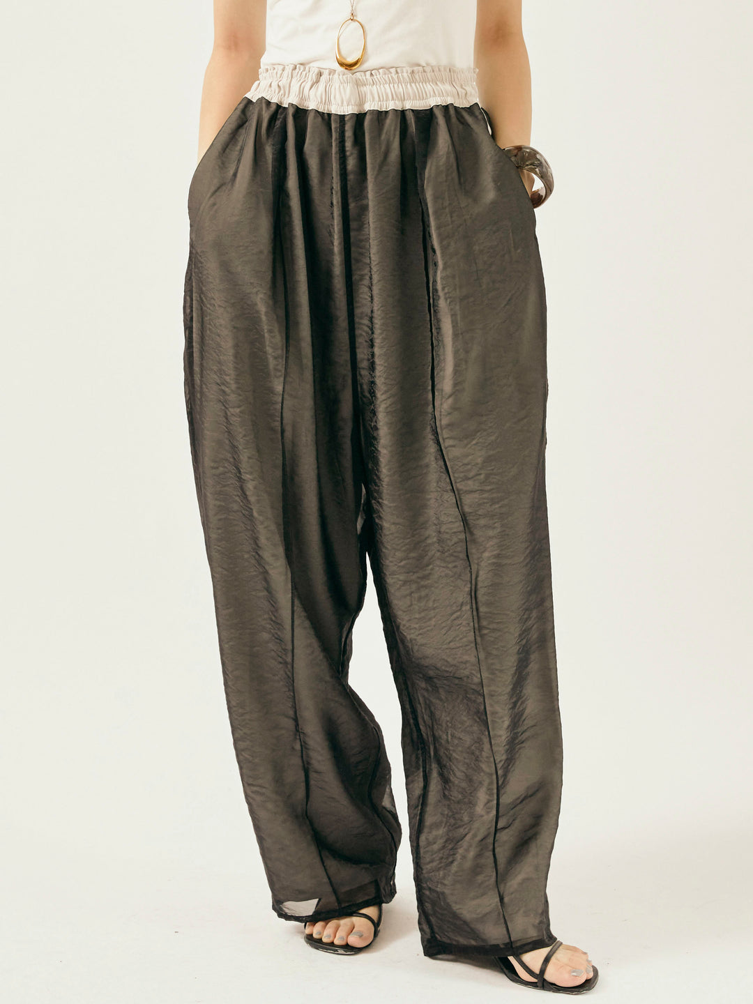 [予約]オーガンジーレイヤードサイドラインパンツ/ブラック