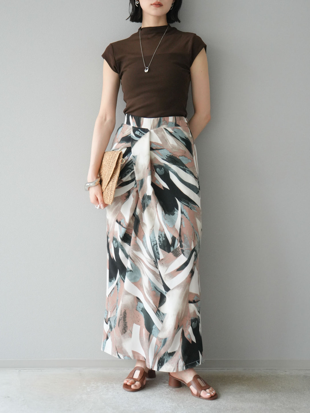 [預購] 度假風印花褶襉I字裙/綠色