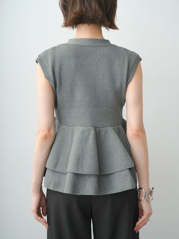 [予約]ダブルフリルペプラムノースリニットトップス/gray