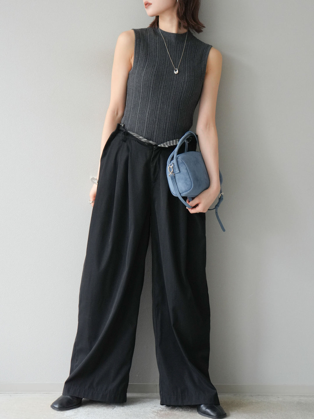 [予約]スリーブレスランダムリブニットトップス/グレー