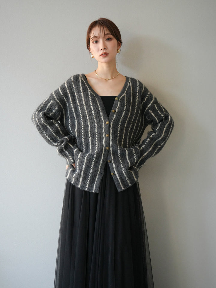 [予約]ストライプVネックニットカーディガン/グレー