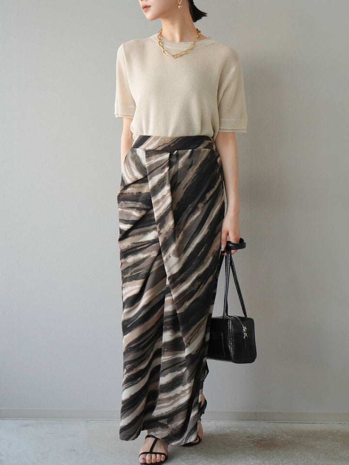 [SET]リネンタッチ配色二重臼ハーフニットトップス+選べるアソート柄スカートセット(2set)