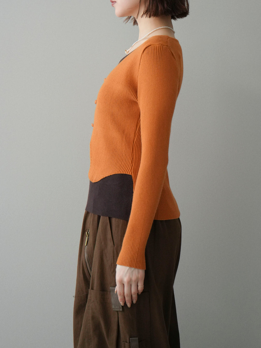 [予約]Vネック配色レイヤードスリットニットトップス/orange