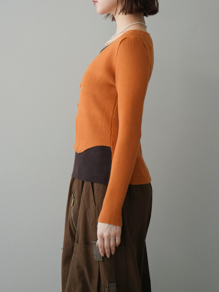 [予約]Vネック配色レイヤードスリットニットトップス/orange