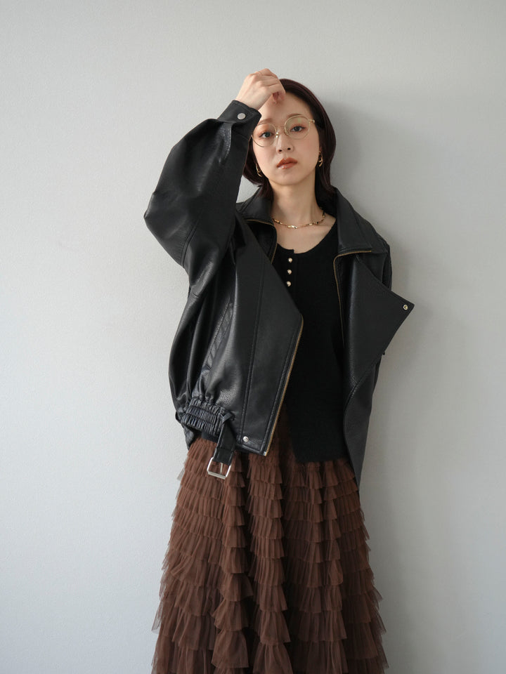 [予約]スタンドカラーフェイクレザーブルゾン/ブラック