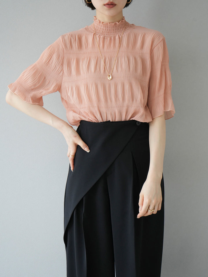 [Pre-order] Shirred Chiffon Half Sleeve Blouse/Coral Pink