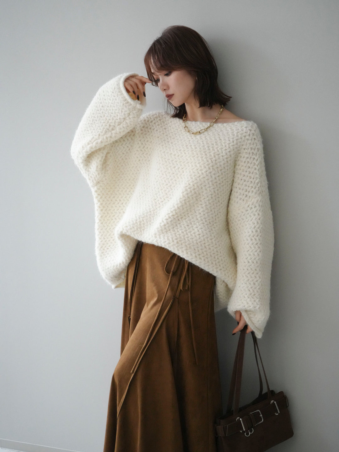 [予約]ワッフル編みオーバーニットプルオーバー/off