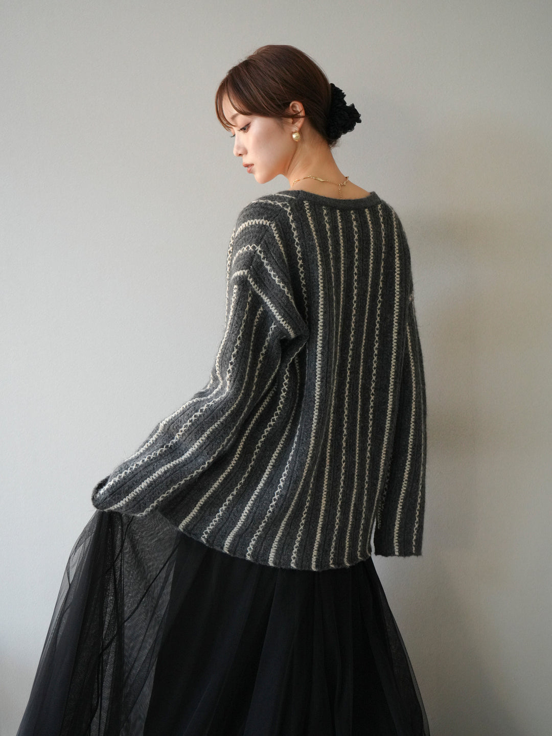 [予約]ストライプVネックニットカーディガン/グレー