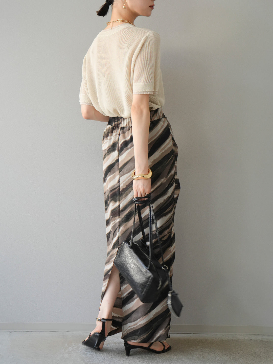 [SET]リネンタッチ配色二重臼ハーフニットトップス+選べるアソート柄スカートセット(2set)