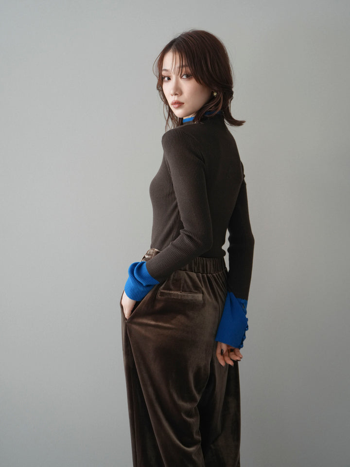 [予約]袖ボタンハイネック配色リブニットトップス/brown