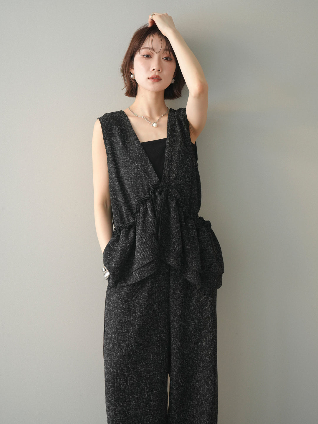 [SET]3WAYミックスツイードギャザーオールインワン+選べるアクセセット(2set)