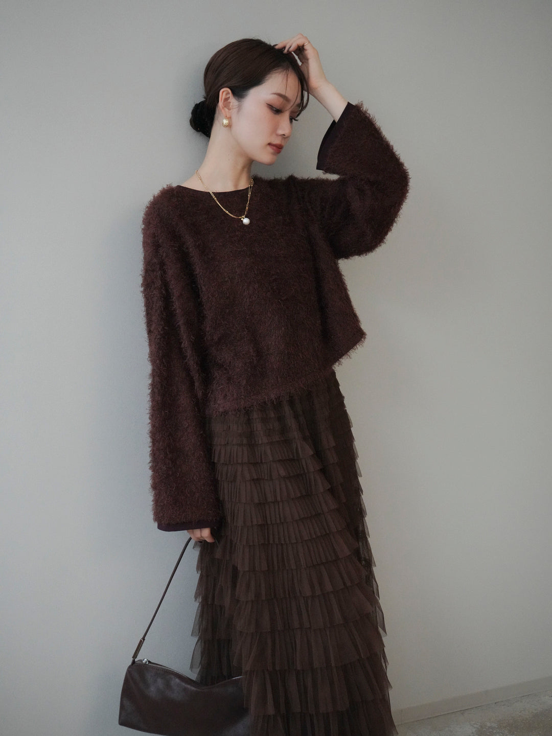 [予約]バイカラー2WAYシャギーニットカーディガン/brown