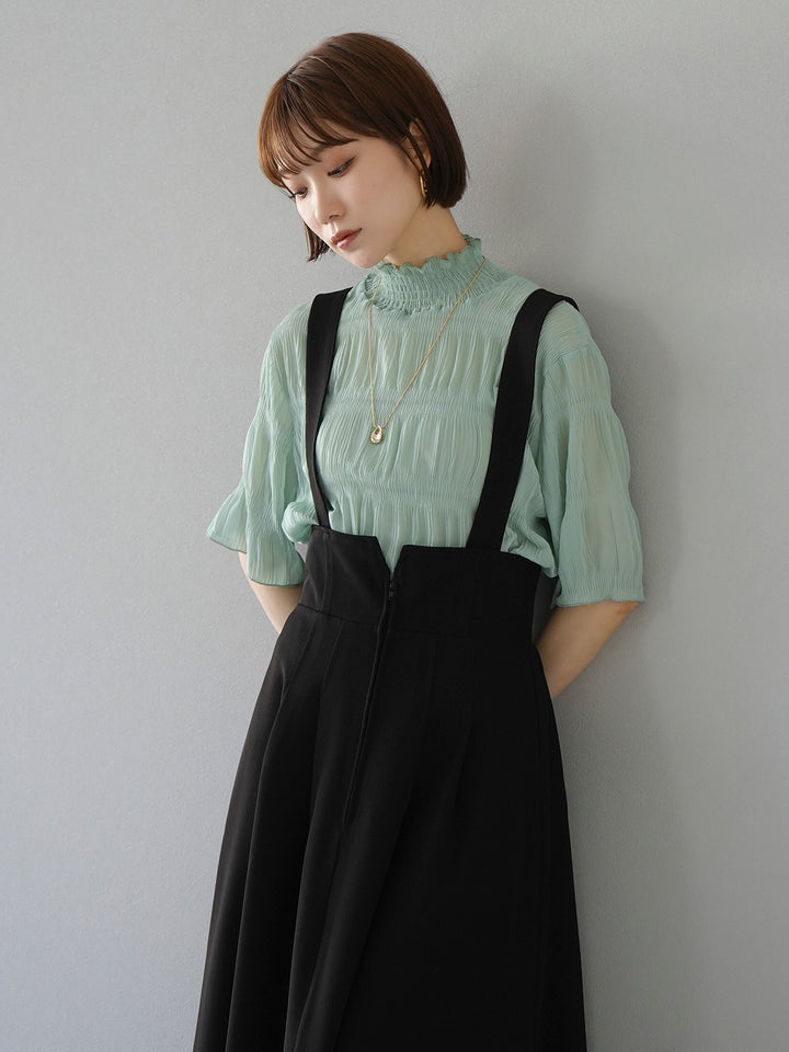 [SET] Shirring chiffon half sleeve blouse + 2WAY flare jumper skirt (2set)