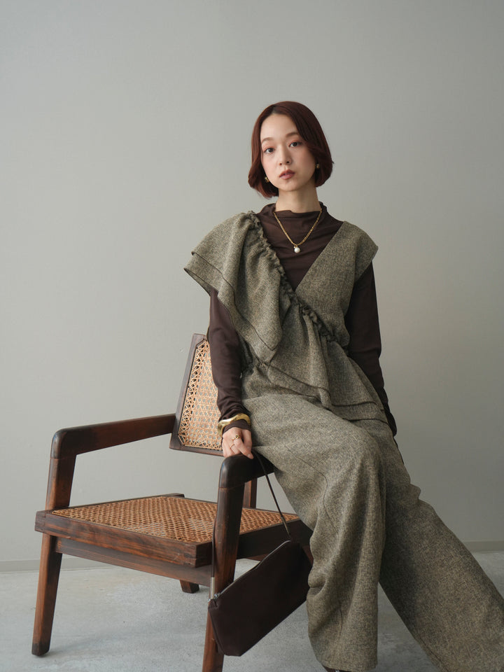 [SET]3WAYミックスツイードギャザーオールインワン+シアープチネックストレッチトップス(2set)