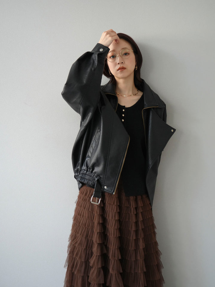 [予約]スタンドカラーフェイクレザーブルゾン/ブラック