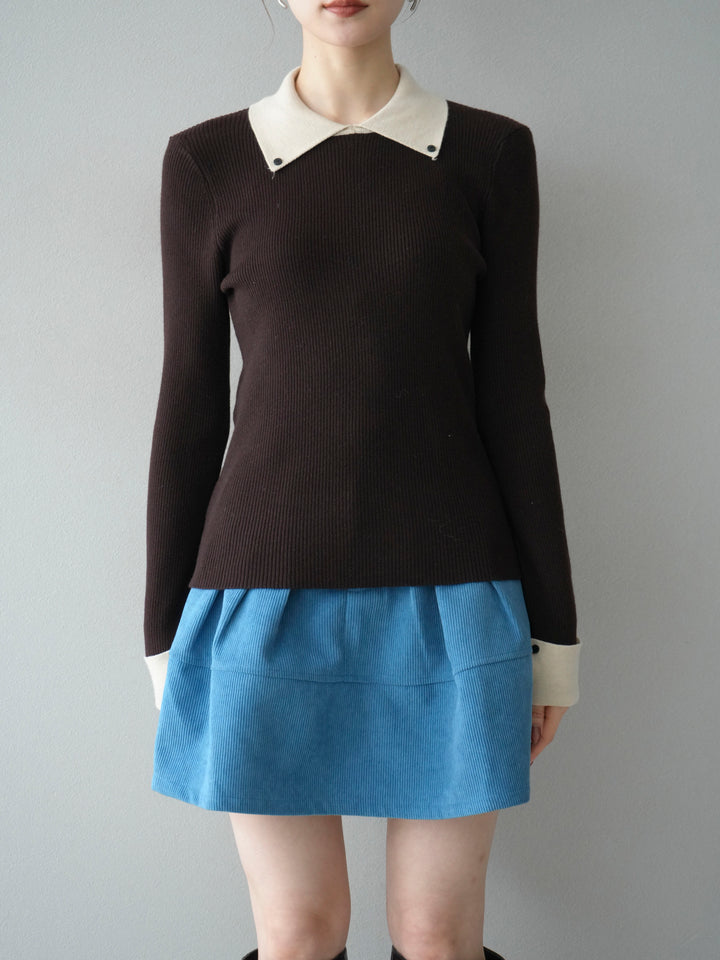 [予約]ニットカフス襟付き配色リブニットトップス/brown