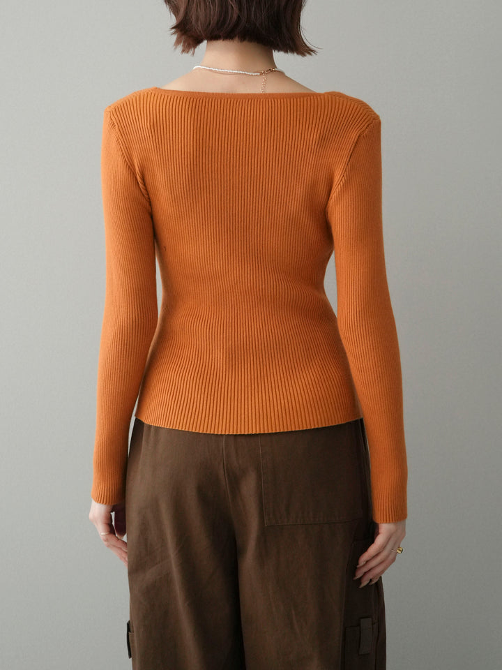 [予約]Vネック配色レイヤードスリットニットトップス/orange