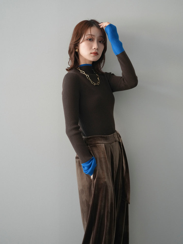 [SET]袖ボタンハイネック配色リブニットトップス+選べるアクセセット(2set)