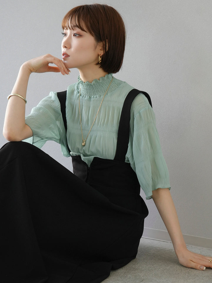 [Pre-order] Shirring Chiffon Half Sleeve Blouse/Mint