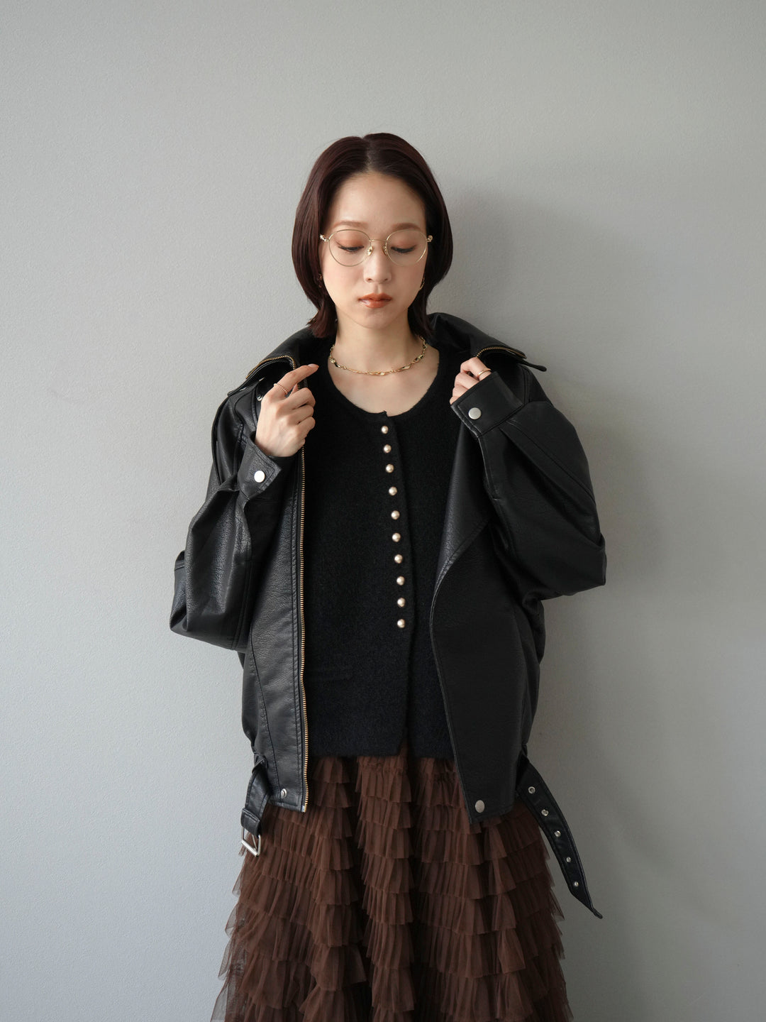 [予約]スタンドカラーフェイクレザーブルゾン/ブラック