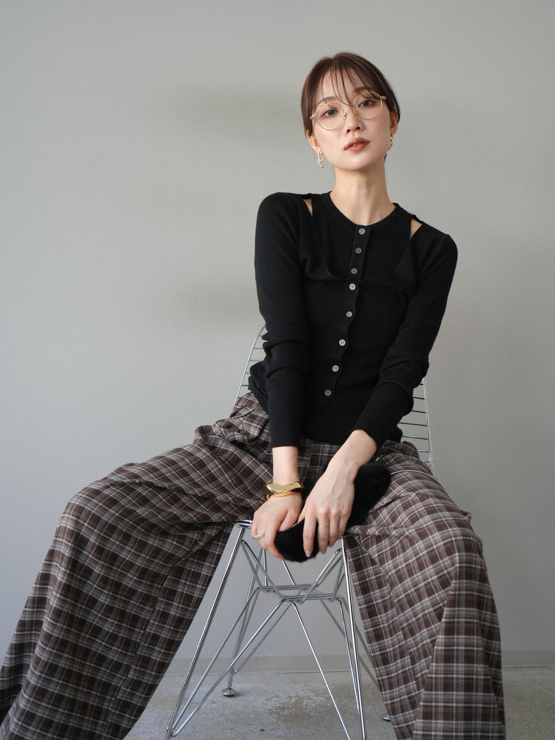 [予約]レイヤードデザインニットカーディガン/ブラック