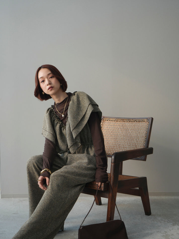 [SET]3WAYミックスツイードギャザーオールインワン+シアープチネックストレッチトップス(2set)