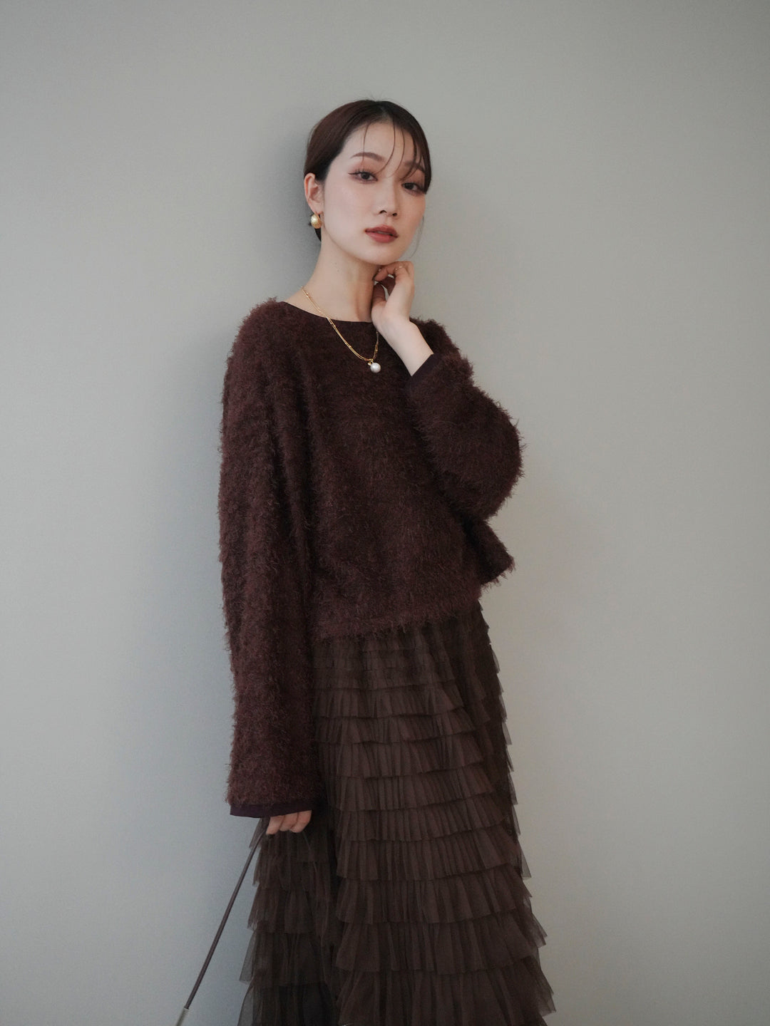 [予約]バイカラー2WAYシャギーニットカーディガン/brown