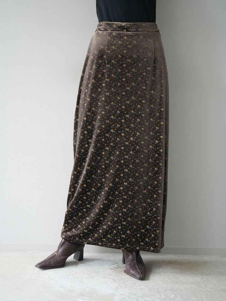 [予約]ベロアフラワープリントIラインスカート/ブラウンxイエロー