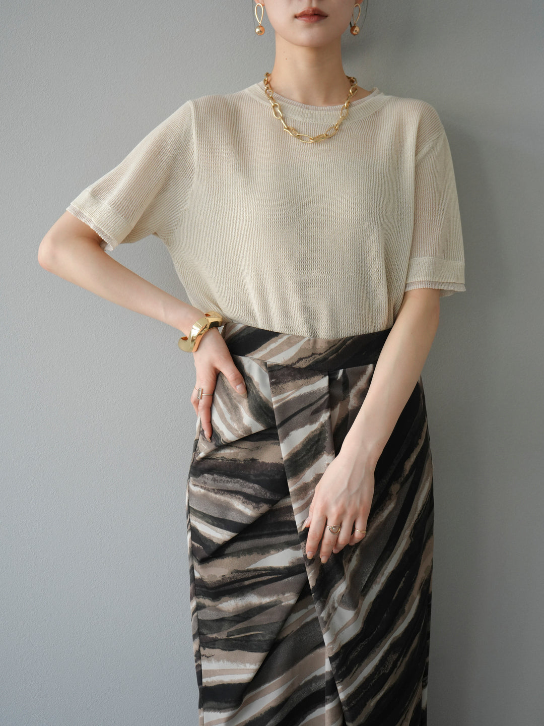[SET]リネンタッチ配色二重臼ハーフニットトップス+選べるアソート柄スカートセット(2set)