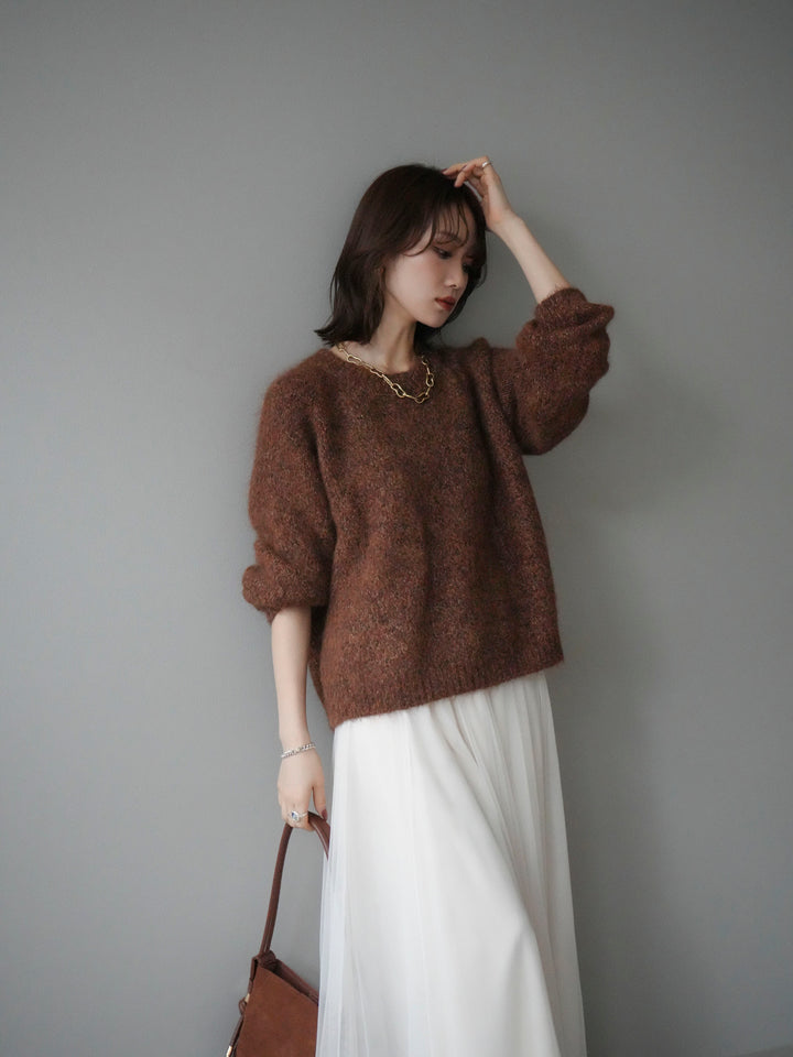 [SET]ロゴラベルミックスヤーンニットプルオーバー+チュールボリュームスカート(2set)