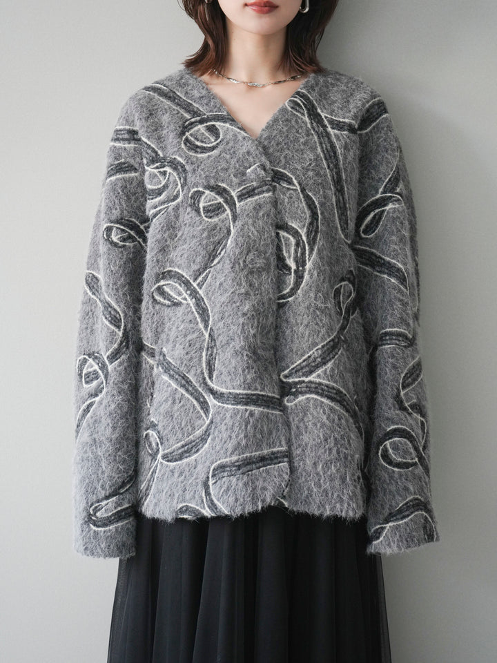 [予約]ニュアンス刺繍ブークレニットジャケット/gray