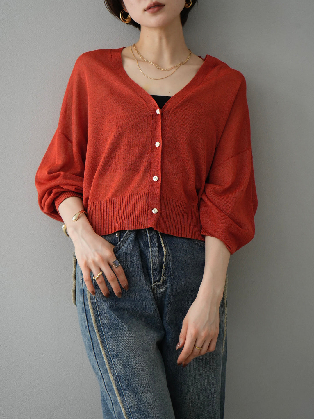 [Pre-order] Lame sheer knit cardigan/Red