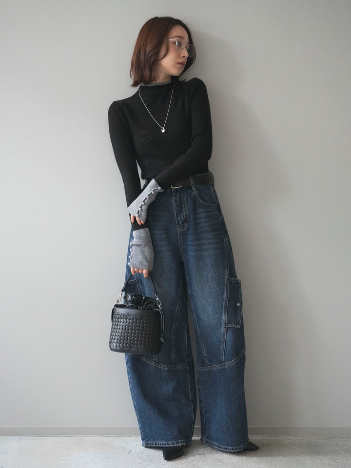 [予約]袖ボタンハイネック配色リブニットトップス/black