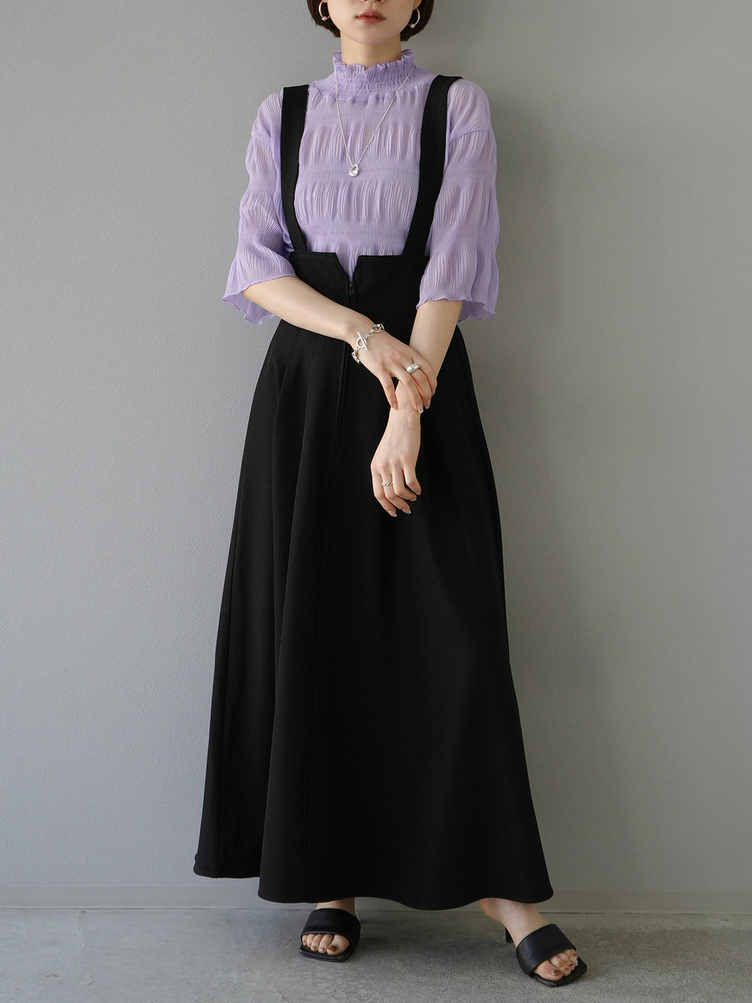 [SET] Shirring chiffon half sleeve blouse + 2WAY flare jumper skirt (2set)